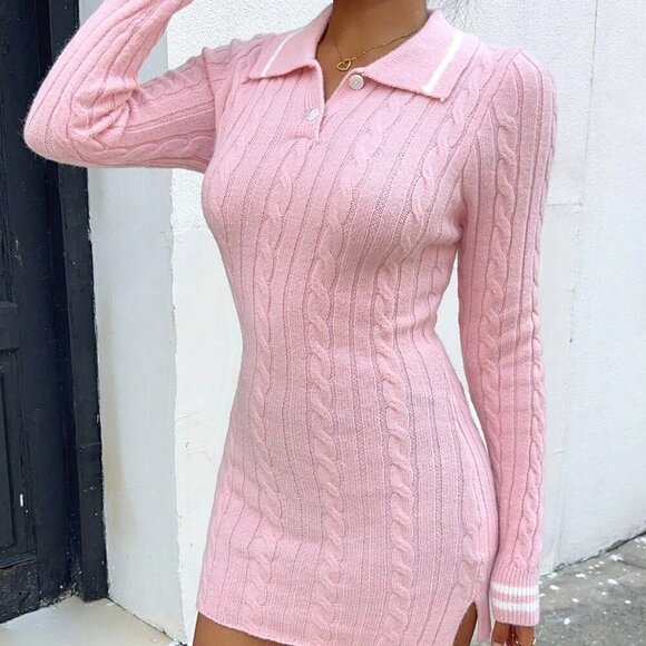 Pink Casual Women's Sexy Fitted Knit Dress - Picture 7 of 8